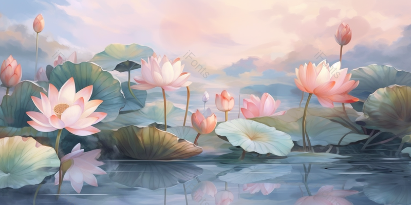 荷花绽放在池塘里水彩淡雅插画背景唯美中国风,插画/手绘图,插画/手绘图库,插画/手绘图下载,插画/手绘